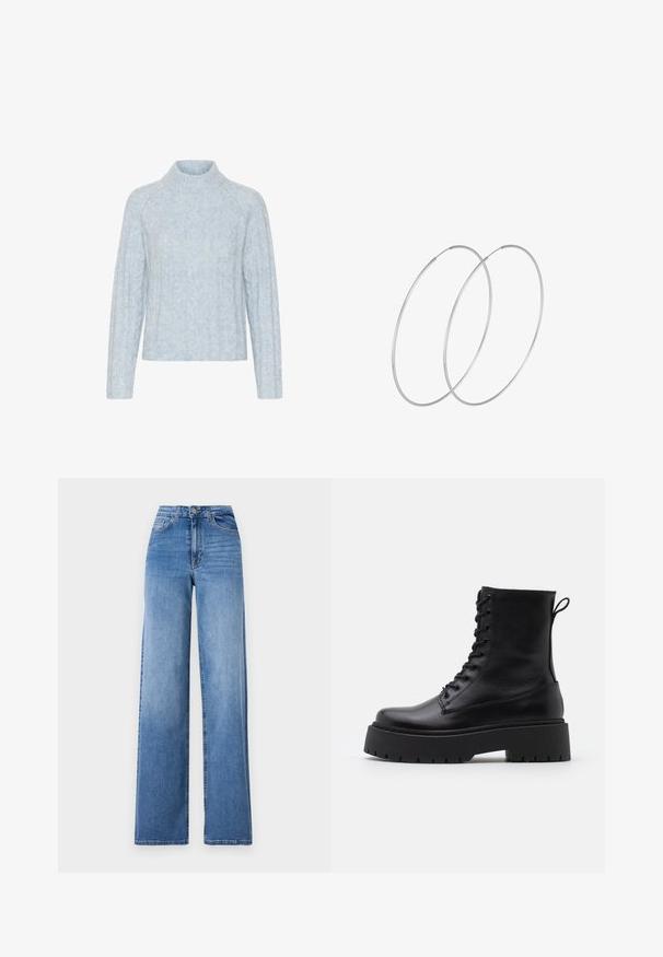 Svetlomodrý pletený sveter s vysokým golierom, so štruktúrovanými kabelkovými vzormi a dlhými rukávmi, vyrobený z mäkkého, nadýchaného materiálu.; Svetlomodré široké džínsy vyrobené z denimu, s vysokým pásom, prednými vreckami a štandardným zapínaním na gombík. Hladká textúra.; Čierne kožené členkové topánky s okrúhlou špičkou, šnurovaním vpredu a hrubou gumovou podrážkou s textúrovaným vzorom. Sťahovací pútko na zadnej strane.; Strieborné kruhové náušnice s minimalistickým dizajnom. Cirkulárny tvar, hladký povrch a tenký profil. Ľahké s lesklým povrchom.