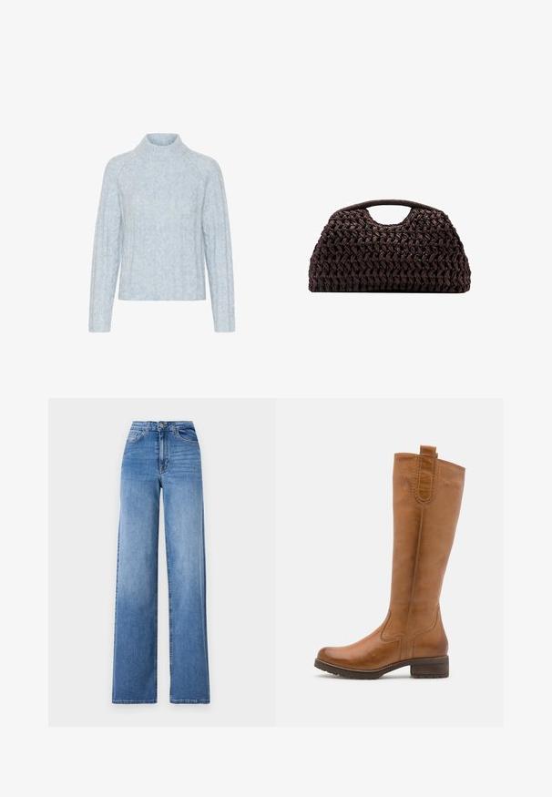 Jasnoniebieski sweter z dzianiny o wysokim kołnierzu, z teksturowanymi wzorami warkoczy i długimi rękawami, wykonany z miękkiego, puszystego materiału.; Jasnoniebieskie dżinsy z szerokimi nogawkami, wykonane z denimu, z wysokim stanem, przednimi kieszeniami i standardowym zapięciem na guzik. Gładka tekstura.; Anna Field LEATHER  - Kozaki; Tkany brązowy torebka o zaokrąglonym kształcie, z górnym uchwytem i teksturowaną powierzchnią. Kompaktowy design z płaskim dnem zapewniającym stabilność.