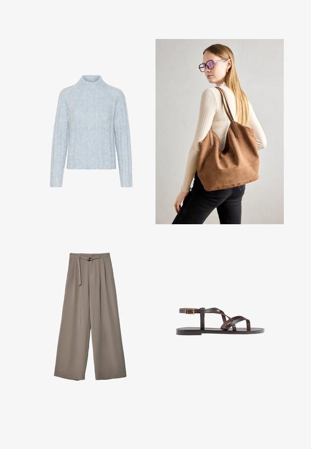 Vaaleansininen neulottu neulepusero, jossa on korkea kaulus, esteettisiä köysikuvioita ja pitkät hihat, valmistettu pehmeästä, pörröisestä materiaalista.; Suurille lahkeille housuille pehmeässä, hillityssä harmaassa kankaassa, jossa on vyötäröllä vyö ja lisää muotoilun yksityiskohtia kuploissa. Sileä rakenne, ei kuvioita.; Ruske kožne sandale s križnim trakama, zatvaranjem na kopču oko gležnja i ravnim potplatom s minimalnim detaljima šivanja.; Ruskea nubukkivuoriolaukku, jossa on pehmeä rakenne, tilava avaus ja pitkät hihnat. Ominaisuuksiin kuuluu yksinkertainen muotoilu näkyvine ompeleineen ja ilman metalliosia.