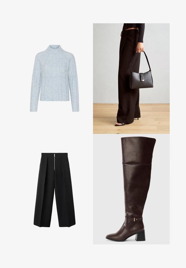 Pulover tricotat de culoare albastră deschisă cu un guler înalt, având modele texturate de cablu și mâneci lungi, confecționat dintr-un material moale și pufos.; Pantaloni negri cu croi larg, cu pliseuri frontale și un sistem de închidere cu fermoar metalic vizibil la talie, față plată și buzunare laterale.; Botă din piele maro închis, până la genunchi, cu toc bloc și detalii decorative sub formă de curea pe lateral, prezentată pe un fundal simplu, deschis la culoare.; Genți negre cu o formă structurată, textură netedă și un închizător metalic. Asortată cu pantaloni negri largi și sandale cu vârf deschis pe un podea din lemn.