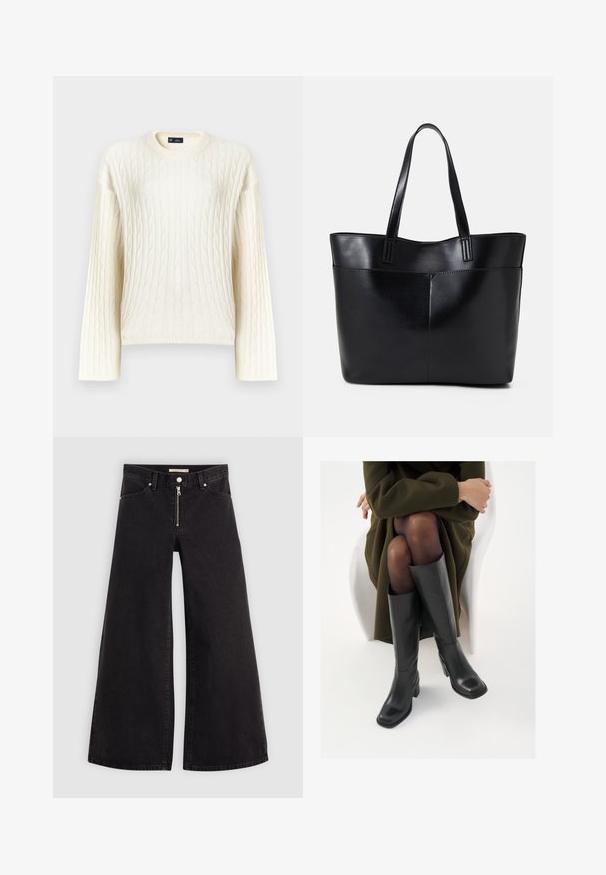 Krémový sveter s pleteným vzorom, dlhými rukávmi, okrúhlym výstrihom a textúrovaným vzorom. Vyrobený z mäkkej tkaniny.; Dlhé nohavice vo voľnom strihu z čierneho denimu so zipsom vpredu, päť vrecúškovým dizajnom a jemnými stehovými detailmi. Hladká textúra a neformálny štýl.; Čierne kožené čižmy po kolená so štvrtým prstom a blokovým opätkom, zobrazené s modelom sediacim v olivovo zelenej bunde. Hladká textúra, minimálne detaily.; Čierna kožená tote taška s dvoma dlhými rúčkami, hladkým povrchom a štruktúrovaným tvarom. Obsahuje prednú kapsu pre dodatočné uskladnenie.