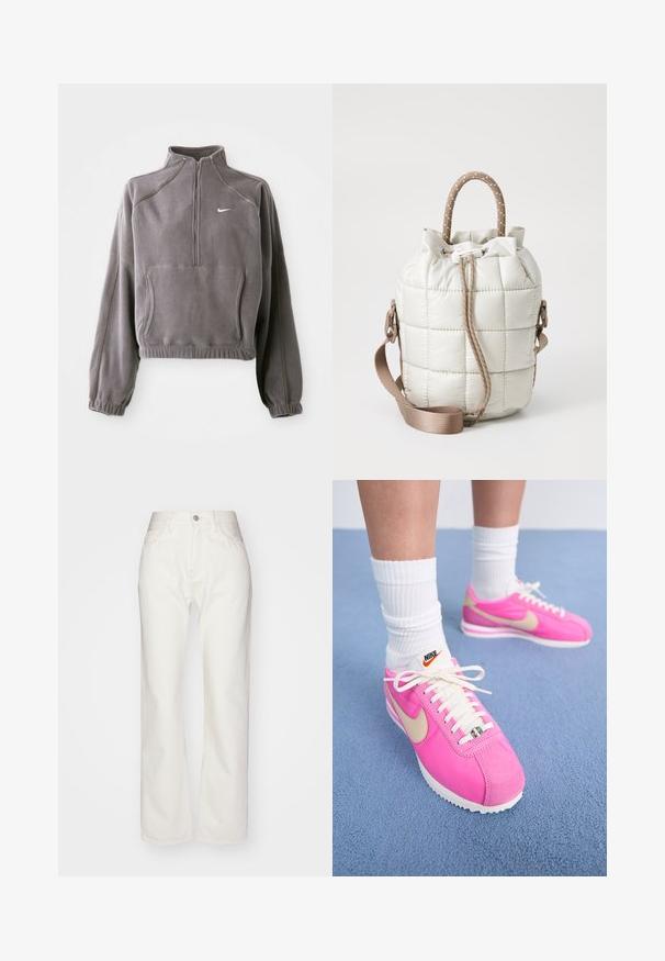 Pullover in pile grigio con zip a un quarto, dotato di polsini e orlo elasticizzati, tasca frontale e un piccolo logo bianco sul lato sinistro del petto.; Pantaloni in denim bianco con vita alta e taglio ampio. Presentano chiusura con bottone e zip, passanti per cintura e dettagli di cucitura sottili.; Sneaker Nike rosa con una toma in suede e tessuto, lacci bianchi e logo swoosh dorato; suola in gomma bianca; indossate con calzini bianchi a coste.; Borsa trapuntata di un beige chiaro con apertura arricciata, caratterizzata da un manico intrecciato e una tracolla rimovibile. Texture liscia con una leggera lucentezza.