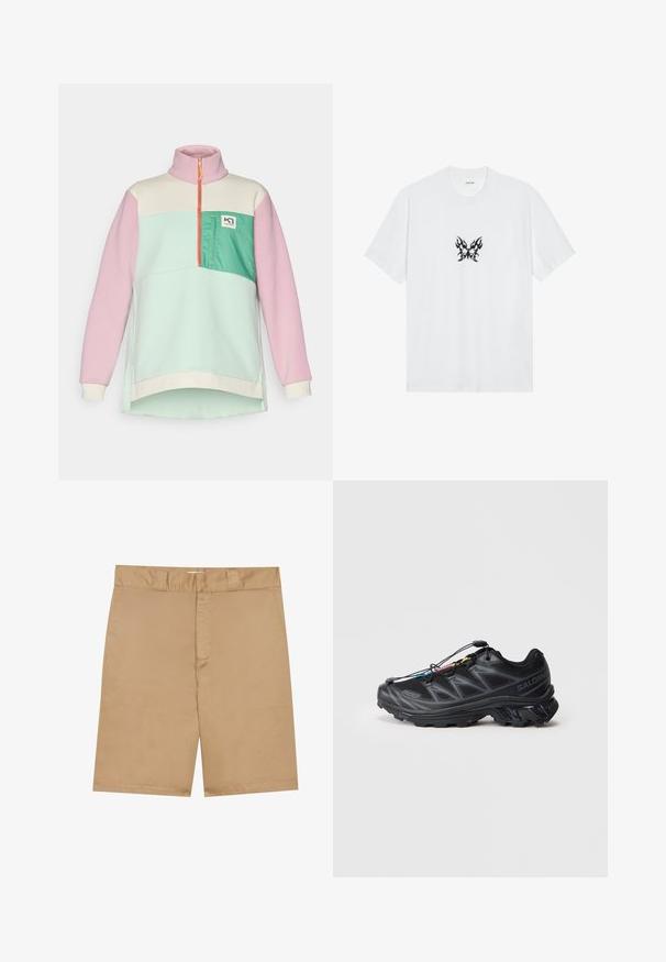 Sweat à col montant coloré en rose pastel, vert menthe et crème. Présente un col zippé et une poche avant avec un détail de logo.; T-shirt en coton blanc à manches courtes et col rond. Présente un graphique central de papillon avec un motif de flammes noires. Texture lisse.; Shorts kaki avec une taille plate, fermeture éclair à l'avant et poches latérales ; fabriqués dans un tissu lisse et léger avec une texture subtile.; Chaussure de sport noire avec une tige en maille texturée, un embout renforcé et un système de laçage rapide. Présente une semelle extérieure robuste et une légère élévation du talon.