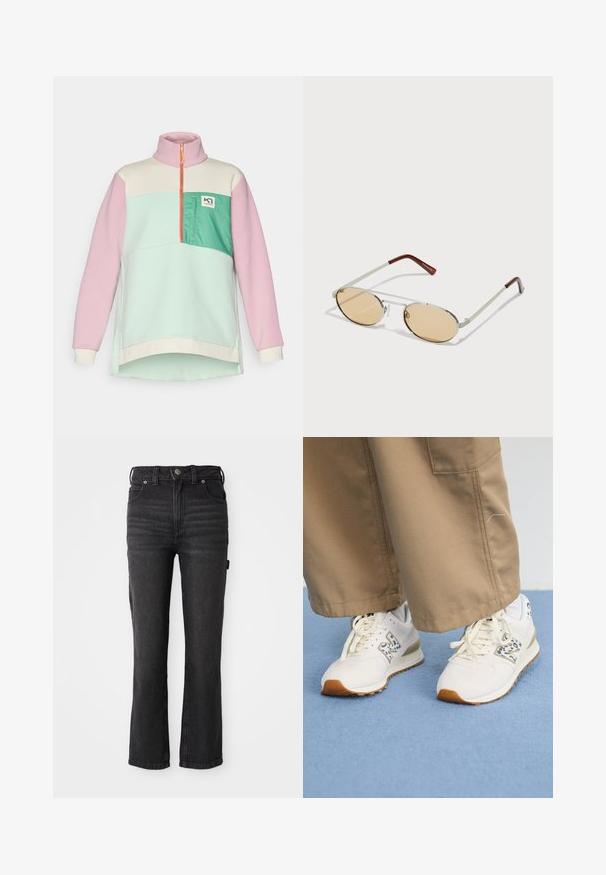 Color-blocked pullover sweatshirt in pastel pink, mint green, and cream. Features a zippered collar and a front pocket with logo detail.; Black denim straight-leg jeans with a high waist, featuring five pockets and a button closure. Smooth texture with a slight stretch.; White athletic shoes with a textured, beige rubber sole. They feature a blue animal print accent and flat, beige laces, paired with tan pants.; Metal sunglasses with oval, light brown tinted lenses. Slim silver frame with textured accents and reddish-brown tips on the arms.