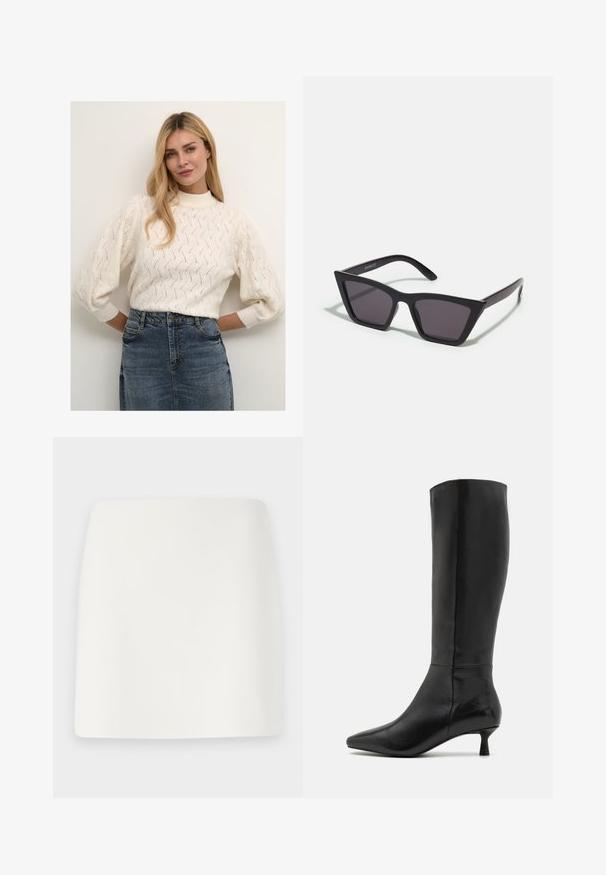 Kremowy sweter z dzianiny z wysokim dekoltem i bufkami, z teksturowanym wzorem. W komplecie ze spódnicą dżinsową.; Biała, dopasowana mini spódnica o gładkiej fakturze i prostych liniach. Brak widocznych wzorów i akcesoriów. Prosty dół.; Zign - Kozaki; Czarne, kanciaste okulary przeciwsłoneczne z szarymi soczewkami; wykonane z plastiku, z grubymi zausznikami o gładkiej powierzchni i bez widocznych elementów metalowych.; Czarna skórzana torba na ramię o zakrzywionym kształcie, z pojedynczym płaskim paskiem i zamknięciem na zamek błyskawiczny u góry. Gładka tekstura z minimalnymi detalami metalowymi.