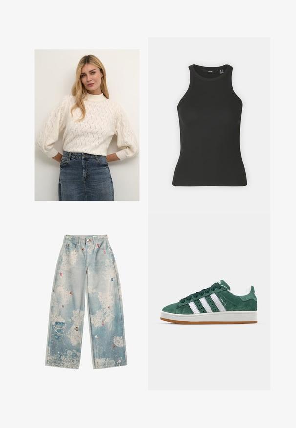 Crème-kleurige gebreide trui met hoge hals en poffende mouwen, voorzien van een gestructureerd patroon. Gecombineerd met een spijkerrok.; Zwarte geribde tanktop met een hoge halslijn en mouwloos ontwerp. Heeft een getailleerd silhouet en een zachte textuur.; Lichtblauwe jeans met een relaxte pasvorm, met een vergrijsde uitstraling en abstracte patronen, versierd met kleurrijke edelsteentjesachtige accenten.; Groene suède sneaker met witte leren strepen, rubberen zool, gepolsterde kraag en een minimalistisch ontwerp. Bevat merkbranding aan de zijkant.