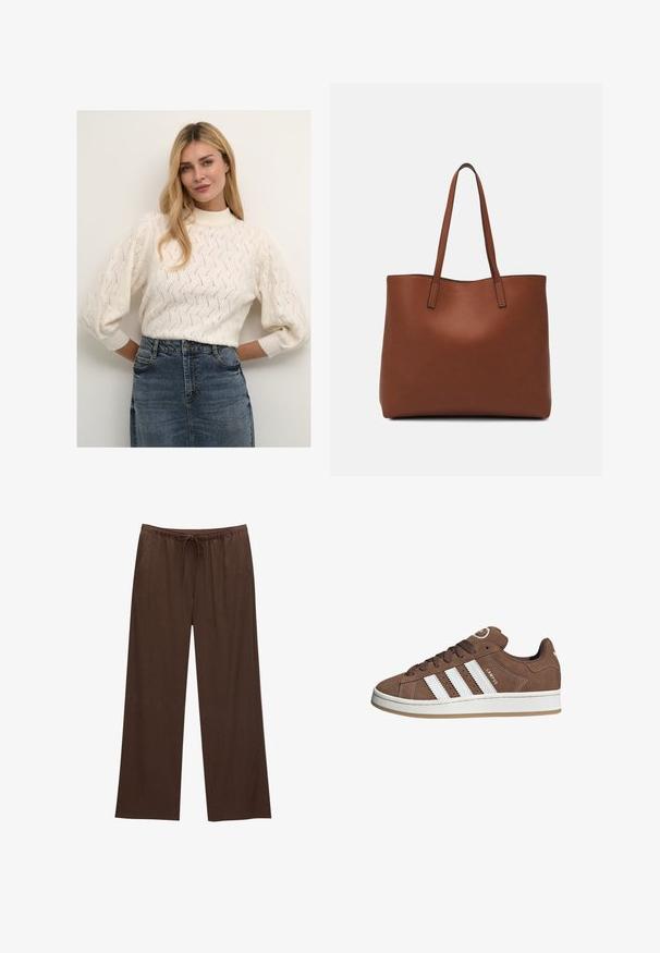 Cremfarbener gestrickter Pullover mit hohem Kragen und voluminösen Ärmeln, der ein strukturiertes Muster aufweist. Kombiniert mit einem Jeansrock.; Braune weite Hosen aus weichem Stoff, mit einem elastischen Bund und Kordelzug sowie zwei Seitentaschen.; Braune Wildledersneaker mit weißen Lederstreifen, Gummisohle, gerundetem Zehenbereich und Schnürung. Mit einem Logo auf der Zunge und perforierten Akzenten.; Braune Leder-Tote mit glatter Textur, offenem Oberteil und zwei Schulterriemen. Verfügt über minimale Nähte und keine sichtbaren Beschläge.
