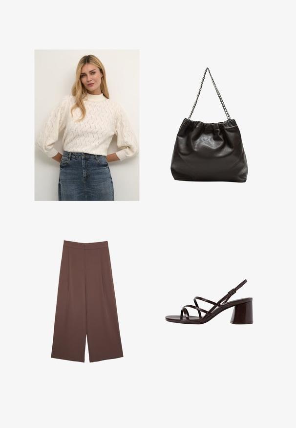 Pull en tricot couleur crème avec un col montant et des manches bouffantes, présentant un motif texturé. Associé à une jupe en denim.; Pantalons larges marron avec une texture lisse, dotés d'une taille haute et de plis à l'avant. Le tissu est léger et tombe de manière fluide.; Sandale à talons hauts marron avec des brides, dotée d'un talon épais, affichant une finition lisse et brillante avec plusieurs brides croisées sur le dessus.; Sac en cuir marron avec un haut froncé et une bandoulière en chaîne. Texture lisse avec une finition brillante et des coutures subtiles sur les côtés.