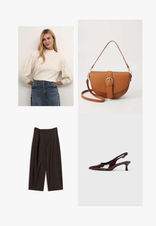 Pulover tricotat de culoare crem, cu guler înalt și mâneci bufante, având un model texturat. Asortat cu o fustă din denim.; Pantaloni largi de culoare maron închis, cu talie înaltă, având închiere cu un singur nasture și un față pliată. Confectionați dintr-un material ușor.; Pantofii slingback din piele patent maro, cu vârful ascuțit și un toc moderat. Prezintă o curea cu prindere pentru o potrivire sigură. Textură netedă.; Geantă din piele maro, tip crossbody, cu o formă curbată, accesorii aurii și un accent cu cataramă. Dispune de un curea de umăr detașabilă.