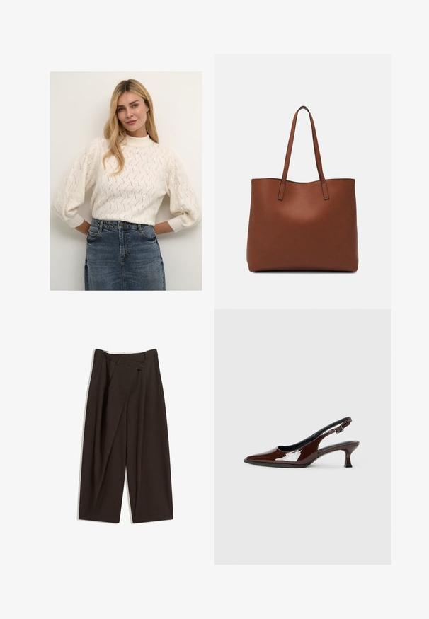 Svietiace krémové pletené svetlo s vysokým golierom a vypchatými rukávmi, so zaujímavou textúrou. Skombinované s džínsovou sukňou.; Tmavohnedé široké nohavice s vysokým pásom, s jedným gombíkom a záhybmi vpredu. Vyrobené z ľahkej textílie.; Hnedá lakovaná slingback obuv s špicatou špičkou a mierne vysokým opätkom. Obsahuje pracku pre bezpečné upevnenie. Hladká textúra.; Hnedá kožená taška na rameno s hladkou textúrou, otvoreným vrchom a dvoma ramenými popruhmi. Má minimálne šitia a žiadne viditeľné kovania.