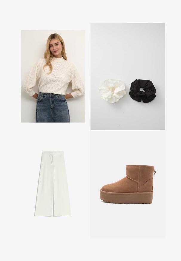Pull en tricot couleur crème avec un col montant et des manches bouffantes, présentant un motif texturé. Associé à une jupe en denim.; Pantalon large blanc en tissu tricot doux, avec une taille élastique et un cordon de serrage pour un ajustement réglable. Texture lisse, sans motifs.; Bottine en suède tan avec une semelle plate-forme, un bout arrondi et des accents de couture ; elle est dotée d'une languette à l'arrière pour un enfilage facile.; Deux chouchous en satin, l'un blanc et l'autre noir, avec un design froncé et une texture lisse, présentés sur un fond blanc uni.
