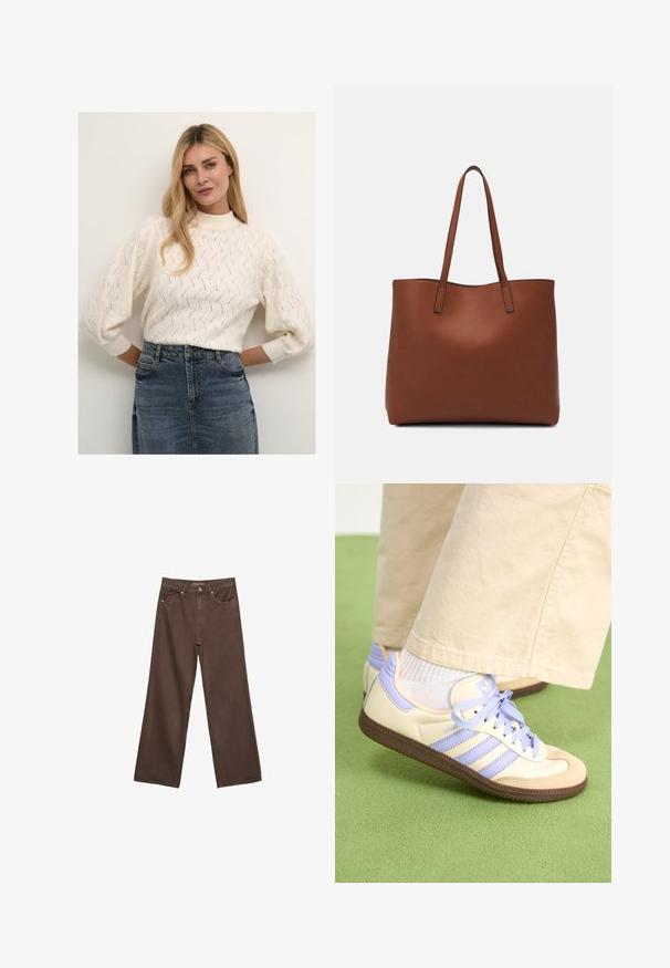 Krémový pletený svetr s vysokým krkem a vypouklými rukávy, s texturovaným vzorem. V kombinaci s džínovou sukní.; Hnědé džíny s širokými nohavicemi vyrobené z denimu, s vysokým pasem, předními kapsami a klasickým zapínáním na knoflík. Hladká textura s jemným švem.; Krémové a levandulové tenisky se třemi pruhy a texturovanou hnědou podrážkou, vybavené tkaničkami a polstrovanou patou. Měkký textilní svršek.; Hnědá kožená taška přes rameno s hladkou texturou, otevřeným designem a dvěma ramenními popruhy. Obsahuje minimální švy a žádné viditelné kovové prvky.