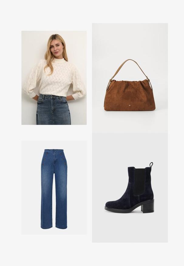 Cremegul strikket trøje med høj hals og puffede ærmer, der har et struktureret mønster. Kombineret med en denimnederdel.; Højtaljede denimjeans i mellemblå. Har frontknapdetaljer og bred benlængde. Stoffet har en glat tekstur med let falmning.; Marineblå ruskindsankelstøvle med elastisk sidepanel, rund tå og blokhæl. Struktureret stof og glat sål giver kontrast.; Brun ruskind handbag med en samlet design, der har en enkelt tan læderstrop og en subtil guld logo detalje på fronten.