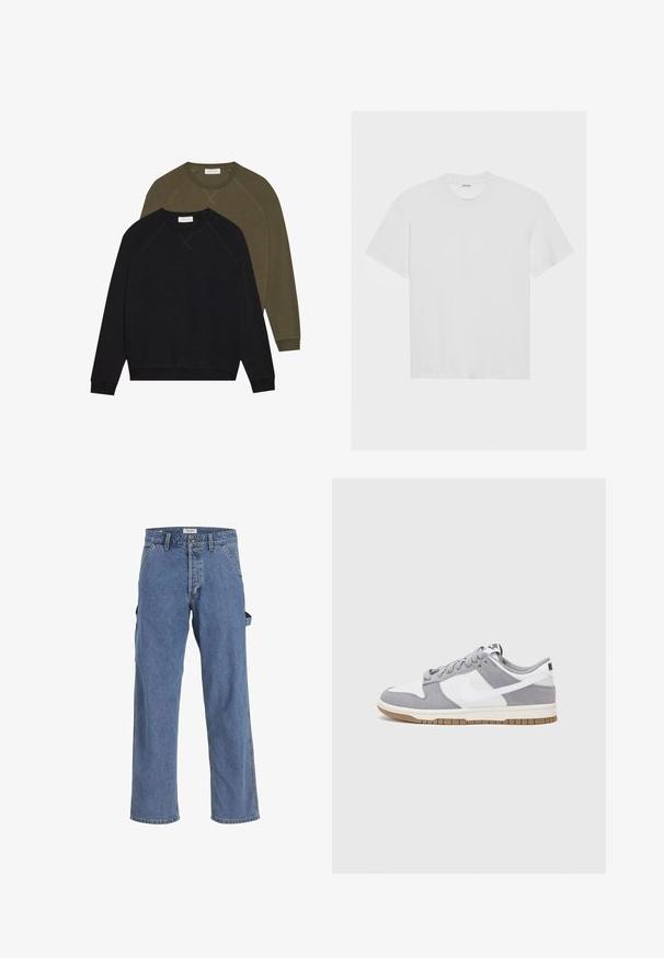Due felpe con colletto a girocollo, una nera e una verde oliva, con maniche raglan e cuciture visibili. Tessuto morbido, senza motivi.; T-shirt bianco in cotone con maniche corte, colletto girocollo e vestibilità comoda. Texture liscia senza motivi o decorazioni visibili.; Pantaloni cargo in denim azzurro chiaro con vestibilità rilassata, caratterizzati da molteplici tasche, chiusura con bottone e orli sfilacciati. Tessuto testurizzato, stile informale.; Sneaker grigia e bianca con tomaia in suede e pelle, punta arrotondata, lacci piatti e soletta in gomma con un accento color caramello.
