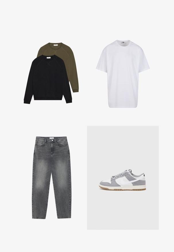 Két kereknyakú pulóver, az egyik fekete, a másik olíva zöld, raglán ujjakkal és látható varratokkal. Puha anyagú textúra, mintázat nélkül.; Fehér pamut póló rövid ujjal, kerek nyakú, laza szabású, és nincsenek látható logók vagy minták. Simább textúra és minimalista dizájn.; Magasan szabott, bővebb szabású farmernadrág fakó fekete denim anyagban. Öt zsebbel, övhurkokkal és tiszta, egyenes lábszár dizájnnal rendelkezik.; Szürke és fehér sportcipő, velúr és bőr felsőrésszel, kerek orral, lapos fűzőkkel és gumitalppal, amelyen rágógumi színű díszítés található.