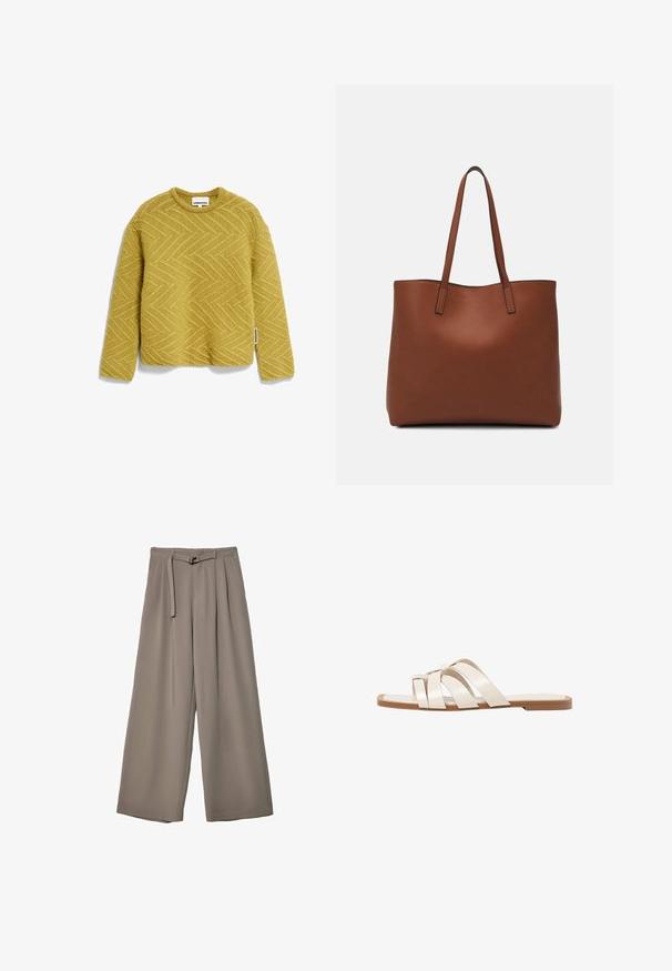 Geel gebreide trui met een gestructureerd visgraatpatroon, ronde halslijn en lange mouwen. Etiket zichtbaar op de zijnaad.; Wijd nietenbroeken van een zachte, gedempte grijze stof, met een ceintuur in de taille en plooien voor extra ontwerpelementen. Gladde textuur, geen patronen.; Vlakke sandalen met een tan rubberen zool, ontworpen met drie overlappende witte leren banden en een kleine strikdetail in het midden.; Bruine leren tote bag met een gladde textuur, een ontwerp met een open bovenkant en twee schouderbanden. Kenmerkt zich door minimale stiksels en geen zichtbare hardware.