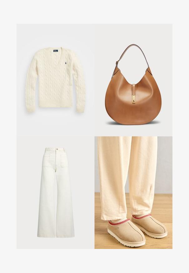 Polo Ralph Lauren CABLE KNIT WOOL CASHMERE V-NECK SWEATER - Svetr - cream; Džíny s širokými nohavicemi v off-white denim. Vysoký pas s knoflíkovým zapínáním, dvě přední kapsy a detaily kontrastního šití.; Hnědé semišové dřeváky s červeným dekorativním lemováním a bílou gumovou podrážkou, spárované s světlými béžovými kalhotami, umístěné na dřevěné podlaze.; Kabelka z hladké koženky v tan barvě, s křivkovým tvarem a širokým ramenním popruhem. Obsahuje zlatý kovový akcent ve středu a hladký povrch.