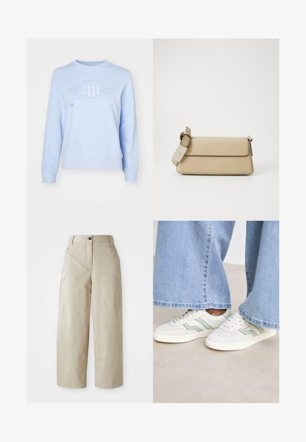 Világoskék, pamut anyagból készült pulóver. Jellemzői közé tartozik a kerek nyakú kivágás, hosszú ujjak, bordás mandzsetták és a "American Sportswear" hímzett logó.; Beige, magas derekú, bő szárú nadrág gombos és cipzáras záródással, övhurkokkal és oldalzsebekkel, fehér háttér előtt.; Fehér sneakers világoszöld részletekkel, textúrált bőr felsőrésszel és lapos gumitalppal. Széles lábú farmernadrággal párosítva.; Beige műbőr kézitáska, felhajtható záródással, állítható pánttal és minimális dizájnnal. Finom varrásokkal és bélyegzett logóval rendelkezik.