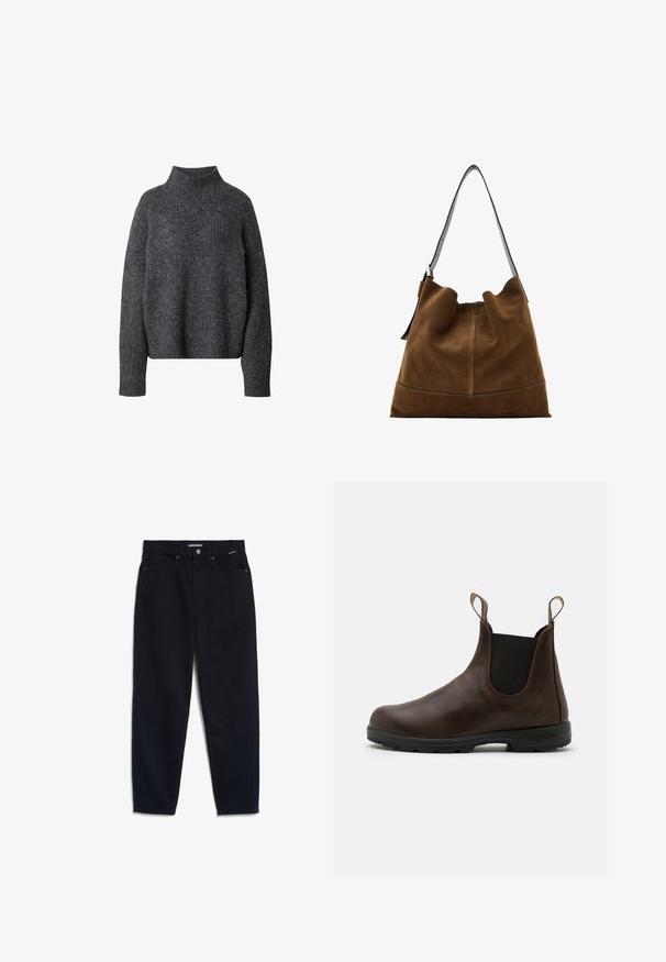 Gray, textured turtleneck sweater with long sleeves, featuring a loose fit and ribbed cuffs. Fabric appears soft and warm.; Black denim jeans with a straight leg, five-pocket design, and a button closure. Fabric has a smooth texture and minimal visible stitching.; Brown leather ankle boot with elastic side panels, pull tabs, and textured rubber sole. Features a sleek, rounded toe design.; Brown suede bucket bag with a black leather strap, featuring a soft silhouette and seam detailing at the base.