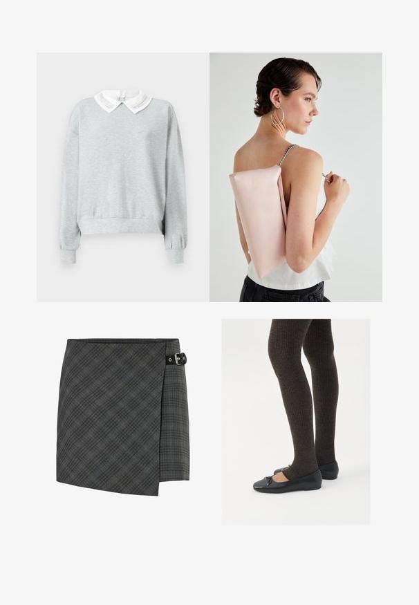 Gray sweatshirt with a white, collared neckline featuring decorative stitching. Long sleeves with elastic cuffs and a relaxed fit.; Dark gray plaid wool wrap skirt with black buckle detail on the right side, straight hem, and subtle diagonal lines pattern.; Black flat shoes with a small bow detail at the toe, paired with dark brown ribbed tights. Shoes have a smooth texture and low profile.; Pink leather handbag with a rectangular shape, silver chain strap, and smooth texture, worn on the back. Simple design with no visible patterns.