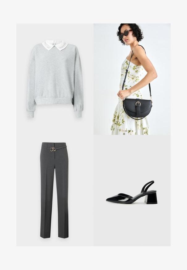 Felpa grigia con un colletto bianco decorato da cuciture. Maniche lunghe con polsini elasticizzati e una vestibilità comoda.; Pantaloni da donna grigio scuro su misura con gamba dritta e una sottile cintura coordinata con fibbia dorata.; Décolleté in vernice nera con punta affusolata e tacco in geometria cubica. Presentano un design elegante e minimalista, con una texture liscia.; Borsa a tracolla nera in pelle con una forma curva, manico rimovibile e accessori dorati. La borsa presenta una patta con un dettaglio a fibbia.