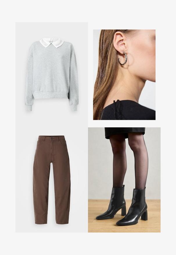 Gray sweatshirt with a white, collared neckline featuring decorative stitching. Long sleeves with elastic cuffs and a relaxed fit.; Brown straight-leg pants with front button and zipper, belt loops, and side pockets, displayed on a white background.; Black leather ankle boots with a pointed toe, chunky square heel, and sleek design. Features elastic side panels for easy wear.; Silver hoop earring with a polished finish, featuring small gold accent details and a round shape, worn on the lobe.