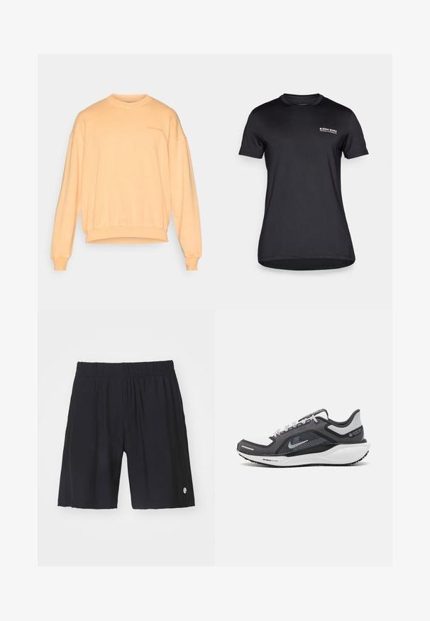 Breskve barve sweatshirt, izdelan iz mehkega bombaža. Ima okroglo ovratnik, spuščena ramena, elastiko na rokavih in majhen logo na prsih.; Črna kratka majica s kratkimi rokavi, izdelana iz gladkega blaga, z okroglim izrezom in majhnim belim logotipom na levi strani prsnega dela.; Črni šortsi z elastičnim pasom, izdelani iz gladkega materiala. Imajo majhen logotip na spodnjem desnem delu in naravnost krojene noge.; Črne in sive atletske čevlje z mrežasto zgornjim delom, odsevnimi detajli in belim srednjim podplatom. Imajo strukturiran gumijast podplat in vezalke.