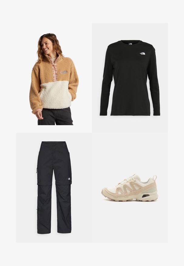 Fleece pullover met een beige en crèmekleurig kleurblokontwerp, gestructureerde stof, half-rits aan de voorkant en patroonaccenten langs de halslijn.; Zwart langsluiting T-shirt van katoen met een ronde hals. Heeft een klein wit logo op de linkerkant van de borst. Eenvoudig ontwerp en pasvorm.; Zwarte nylon cargo broek met afneembare pijpen, verstelbare manchetten, meerdere zakken en een logo op het rechterbeen. Gladde, lichte textuur.; Beige en crème sportschoen met een textuur-mesh bovenwerk, ondersteunende overlays en een rubberen zool met een profielpatroon voor grip.