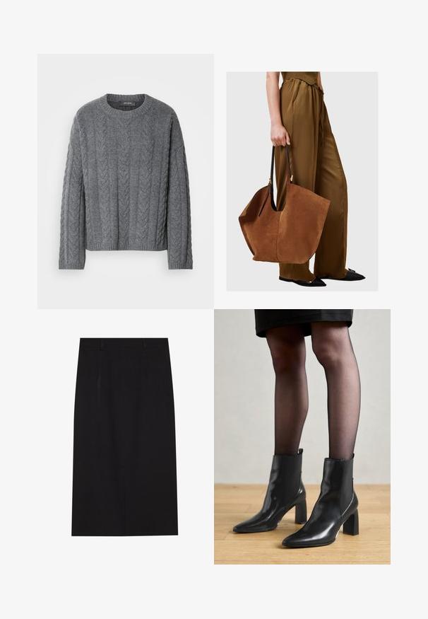 Sivi džemper s pletenim uzorkom, dugih rukava i okruglim izrezom. Ima teksturirani uzorak i rebrasti rub, izrađen od mekanog, toplog materijala.; Crna olovka suknja do koljena izrađena od glatkog materijala. Značajka je čist dizajn s dvije prednje šave i skrivenim patentnim zatvaračem na stražnjoj strani.; Crne kožne gležnjače s šiljastim vrhom, robusnim četvrtastim potplatom i elegantnim dizajnom. Imaju elastične bočne panele za jednostavno oblačenje.; Smeđa suede torba s crnim kožnim ručkama, koja se odlikuje širokim, opuštenim oblikom i minimalističkim dizajnom, drži ju osoba u smešnim hlačama.