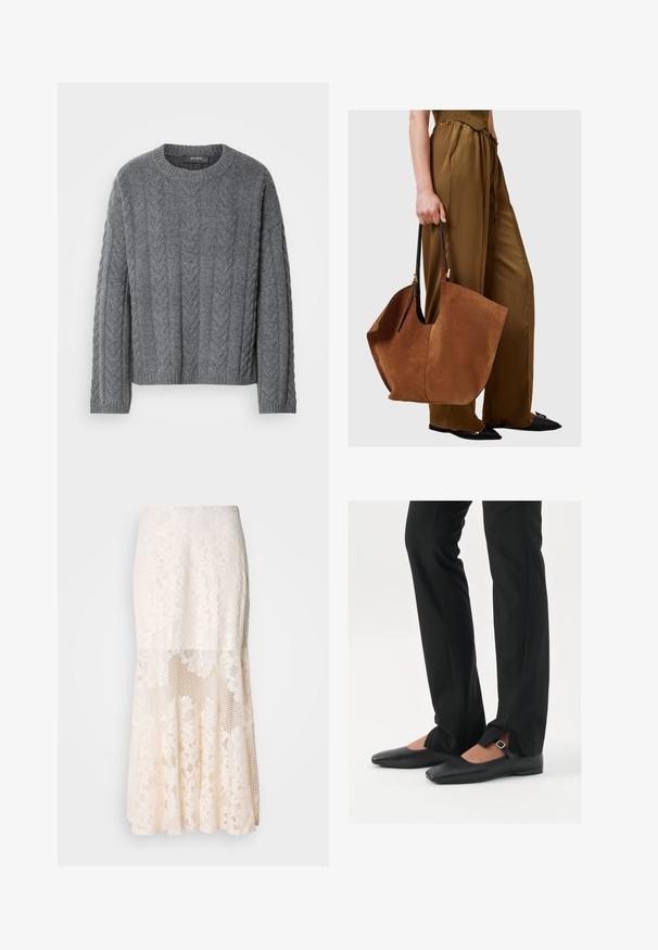 Szary sweter o splocie warkoczowym z długimi rękawami i okrągłym dekoltem. Posiada teksturowany wzór i ściągacz u dołu, wykonany z miękkiego, ciepłego materiału.; Kremowa spódnica midi z koronkowym wzorem; charakteryzuje się warstwowym fasonem z przezroczystymi sekcjami, teksturowaną koronką i falbaniastym dołem.; Czarne skórzane baletki z ostro zakończonym noskiem, paskiem z srebrną klamrą, w połączeniu z czarnymi spodniami o dopasowanym kroju z rozcięciem u dołu.; Brązowa torebka z zamszu z czarnymi skórzanymi uchwytami, o szerokim, luźnym kształcie i minimalistycznym designie, trzymana przez osobę w brązowych spodniach.; Srebrne metalowe kolczyki o falistym, rzeźbiarskim wzorze z polerowanym wykończeniem i nieregularnymi kształtami, podkreślające nowoczesny estetykę.