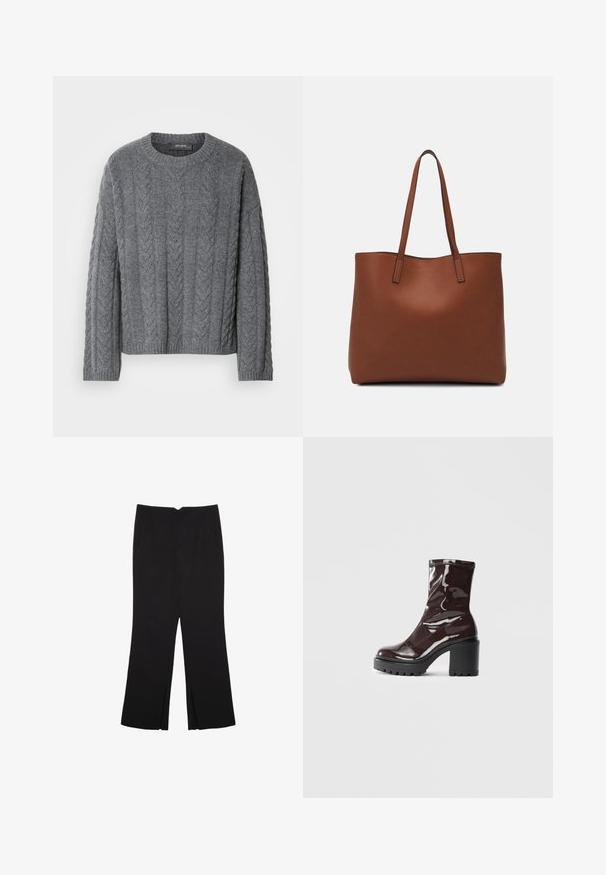Maglione grigio a maglia con maniche lunghe e scollatura rotonda. Presenta un motivo testurizzato e orlo a costine, realizzato in un materiale morbido e caldo.; Pantaloni neri a gamba dritta, con tasche frontali e spacchi laterali all'orlo. Realizzati in tessuto morbido e liscio. Adatti a diverse occasioni.; Stivale alla caviglia bordeaux lucido con un tacco spesso nero, caratterizzato da una superficie liscia e un design semplice. Nessuna chiusura visibile o motivo.; Borsa tote in pelle marrone con texture liscia, design con apertura superiore e due spallacci. Presenta cuciture minime e nessun hardware visibile.