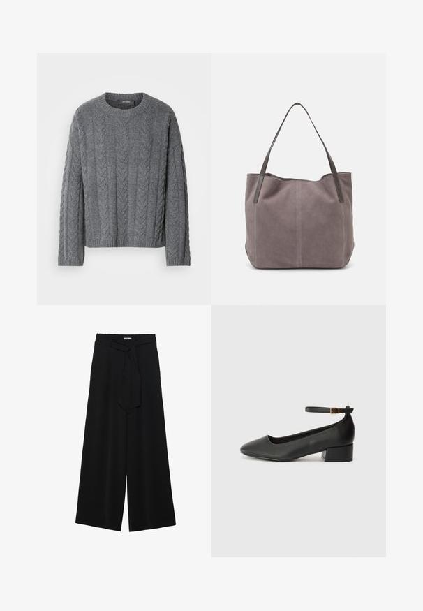 Gray cable-knit sweater with long sleeves and a round neckline. Features textured pattern and ribbed hem, made from a soft, warm material.; Black wide-leg pants featuring a textured fabric, an elastic waistband, and a detachable sash tie at the waist for adjustable fit.; Black leather pump with a pointed toe and a low block heel. Features an ankle strap with a gold-tone buckle. Smooth texture.; Gray suede tote bag with two dark leather handles. Features stitched detailing on the sides, soft texture, and a spacious opening.