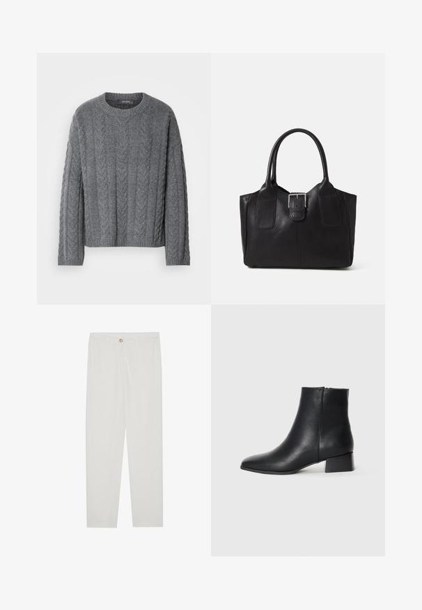 Pull en maille torsadée gris avec des manches longues et un col rond. Présente un motif texturé et un ourlet côtelé, fabriqué dans un matériau doux et chaud.; Pantalon blanc sur mesure avec une coupe droite, doté d'une fermeture à bouton, de passants de ceinture et de poches latérales ; texture de tissu lisse.; Botte de cheville en cuir noir avec un bout pointu et un talon bloc bas, présentant une texture lisse et un design minimaliste.; Sac fourre-tout en cuir noir avec une texture lisse, une forme structurée, deux poignées et un détail en boucle argentée proéminent à l'avant.