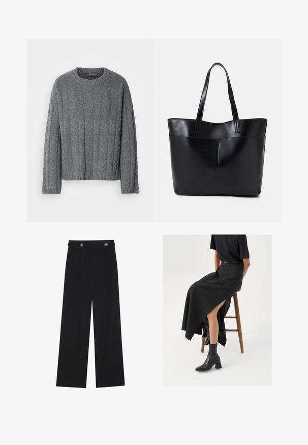Maglione grigio a maglia con maniche lunghe e scollatura rotonda. Presenta un motivo testurizzato e orlo a costine, realizzato in un materiale morbido e caldo.; Pantaloni neri a gamba larga con vita alta, dettagli con bottoni in vita e pieghe frontali.; Gonna maxi in lino nera con uno spacco alto, indossata con una t-shirt nera e stivaletti neri. Design minimalista con una vestibilità rilassata.; Borsa a tracolla in pelle nera con due manici lunghi, una texture liscia e una forma strutturata. Presenta una tasca frontale per ulteriore spazio di archiviazione.