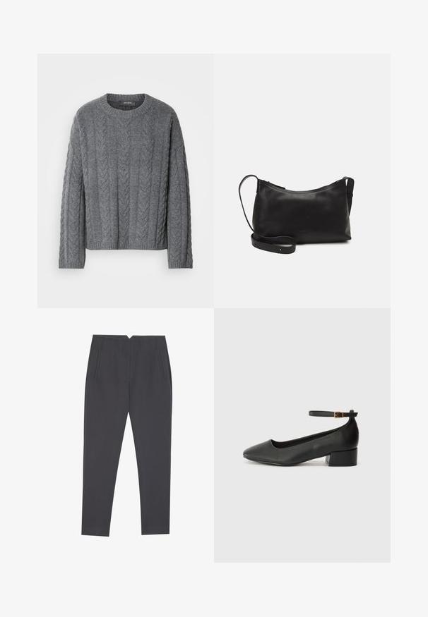 Siv sveten pulover z dolgimi rokavi in okroglim izrezom. Ima teksturiran vzorec in rebrast rob, izdelan iz mehkega, toplega materiala.; Temno sivi zoženi hlače z stranskimi žepi in sprednjimi pregibi, zasnovane za prilegajoč kroj.; Črne usnjene pumpice z nazobčanimi prsti in nizko blokasto peto. Imajo trak okoli gležnja z zaponko v zlatem tonu. Gladka tekstura.; Črna usnjena torba čez ramo z gladko teksturo, ukrivljeno obliko, nastavljivim trakom in zadrgo. Minimalističen dizajn brez okrasnih detajlov.