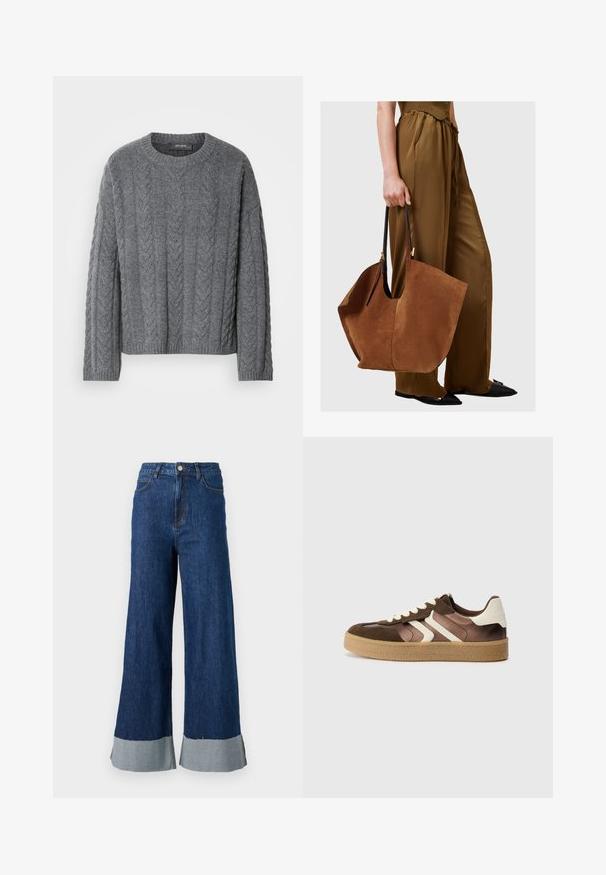 Grijze kabelgebreide trui met lange mouwen en een ronde halslijn. Kenmerkend voor de textuurpatroon en de geribde zoom, gemaakt van een zachte, warme stof.; Wijde denim broek met een donkerblauwe wassing, voorzien van een contrasterende lichtblauwe omslag en een klassiek vijf-pocket ontwerp.; Bruine en crèmekleurige sneakers van een combinatie van suede en satijn, met drie diagonale strepen en een gestructureerde gumrubberen zool.; Bruine suède tote bag met zwarte leren handvatten, met een brede, slungelige vorm en een minimalistisch design, vastgehouden door een persoon in een bruine broek.; Zilveren oorbel met een gepolijste afwerking, met kleine gouden accentdetails en een ronde vorm, gedragen op de oorlel.