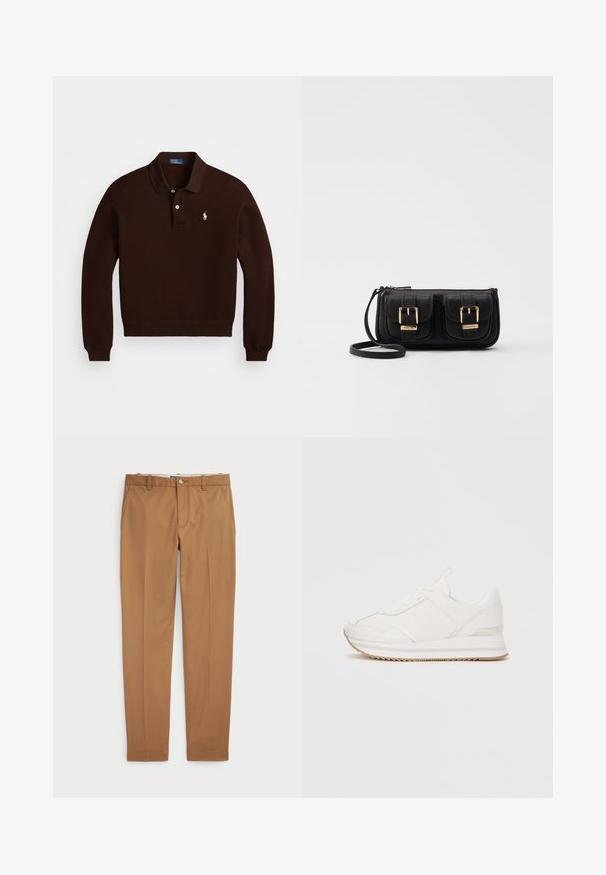 Brun genser med polo krage, lange ermer og to-knapp placket. Har en liten hvit hestelogo på venstre side.; Brune bomullsbukser med en slim-fit design, flat front og standard lommer; jevn tekstur og kantede mansjetter.; Hvit lavtoppsneaker med snøring på forsiden, polstret såle og beige gummisåle mot en enkel bakgrunn.; Svart skinn crossbody veske med to frontlommer, gyldne spenner, glidelåslukking og en slank stropp. Teksturert overflate og kompakt rektangulær form.