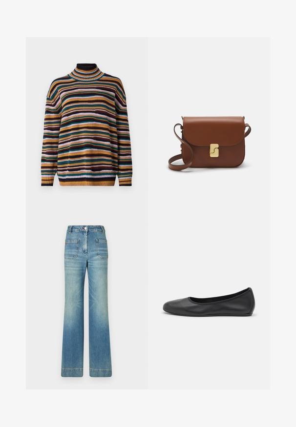 PS Paul Smith Džemperis - brown; Balta īsām piedurknēm T-krekls, izgatavots no ribota auduma. Apaļš izgriezums, regulāra piegriezuma un diskrēti šuvumu detaļas. Bez printiem vai grafikām.; Gaiši zili džinsi ar platām kājām, piecām kabatām, jostām, pogas aizdari un viegli nolietotu tekstūru, ar sarkanu logotipu uz aizmugures.; Melna ādas baleta kurpe ar noapaļotu purngalu, gludu tekstūru, minimālu šuvju detalizāciju un elastīgu zoles dizainu.; Bordo ādas rokas soma ar atloku, zeltītām detaļām, plecu siksnu un gludu virsmu. Kompakta, taisnstūrveida forma.