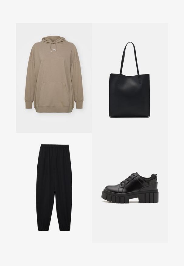 Hettegenser i lys brun stoff, med en fremre kengurulomme, ribbede mansjetter og en liten hvit logo på brystet.; Svarte, lette bukser med elastisk liv og rynkede ankler. Stoffet er glatt og har en avslappet, innsvingt design.; Svarte lærplattformsko med kraftig blokkhell, rund tå og tradisjonell snøring. Har en jevn tekstur og minimal detaljering.; Svart lær tote bag med glatt tekstur, rektangulær form og to lange håndtak. Ingen synlige deler eller dekorasjoner.