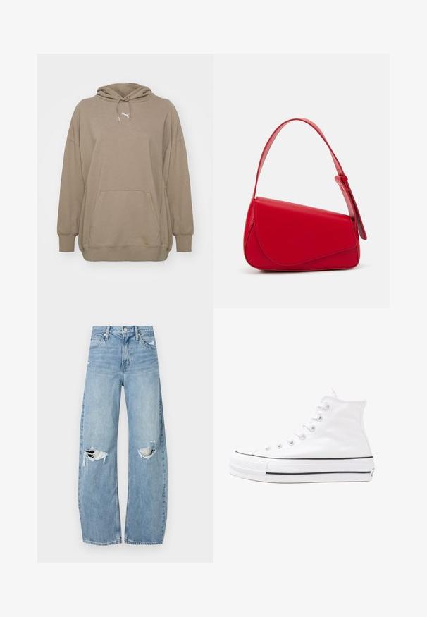 Kapitāla džemperis gaiši brūnā audumā, ar priekšējo kangaroo kabatu, ribotām piedurknēm un mazu baltu logotipu uz krūtīm.; Gaiši zili, augstās vidukļa džinsi, kas izgatavoti no denima. Iespējas plašas kājas, divas plēstas ceļa daļas un klasiskā piecu kabatu dizains.; Balti augstie kanvas sporta apavi ar melnu gumijas zoli, priekšējo gumijas purngalu un sešām acīm lencēm, kuriem ir tīrs, minimālistisks dizains.; Sarkans ādas rokassomi ar stūrainu, ģeometrisku dizainu. Iekļauj vienu regulējamu siksnu un vāku ar izšūtu detaļu.