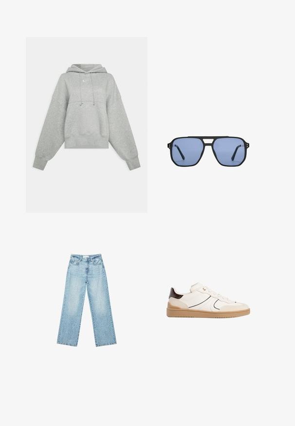 Siva skraćena dukserica napravljena od mekog materijala. Ima podesivu kapuljaču, široke rukave i mali logo sprijeda.; Svijetloplave široke traperice s visokim strukom, s izbljeđenim pranjem i malim, raštrkanim oštećenjima na cijeloj površini.; Stradivarius Tenisice - white; Stradivarius RETRO - Sunčane naočale - light blue