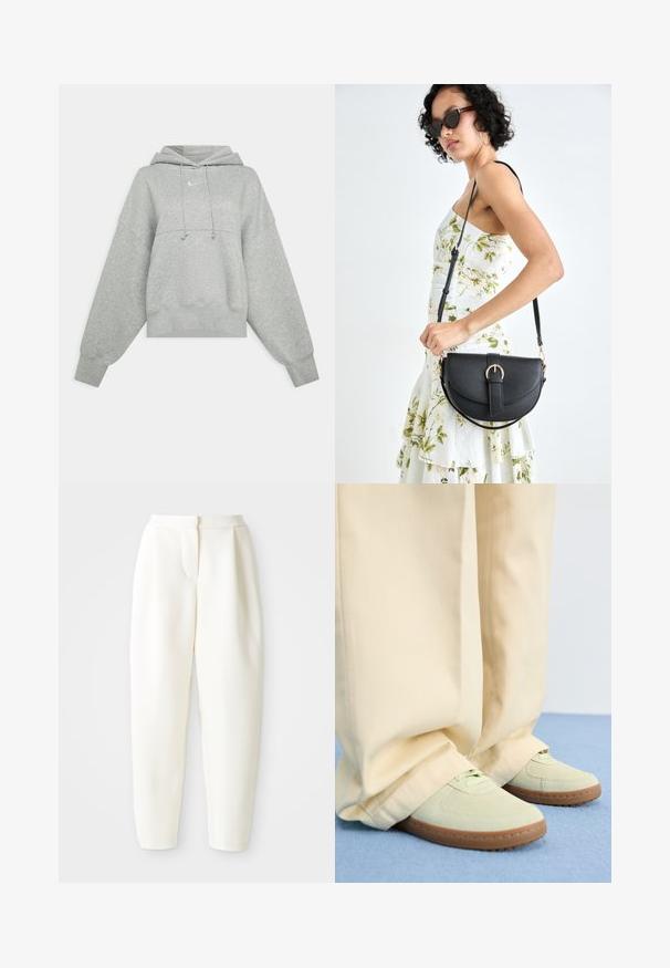 Sweatshirt cinzento cropped feito de um tecido suave. Apresenta um capuz com cordão ajustável, mangas largas e um pequeno logo na frente.; Calças brancas de cintura alta e corte tapered com fecho frontal oculto e bolsos laterais, exibidas contra um fundo branco liso.; Sapatilhas verdes em camurça com bicos arredondados e solas texturizadas, combinadas com calças largas bege, sobre uma superfície azul.; Bolsa de couro preta com forma curva, alça destacável e detalhes em dourado. A bolsa possui uma aba com detalhe de fivela.
