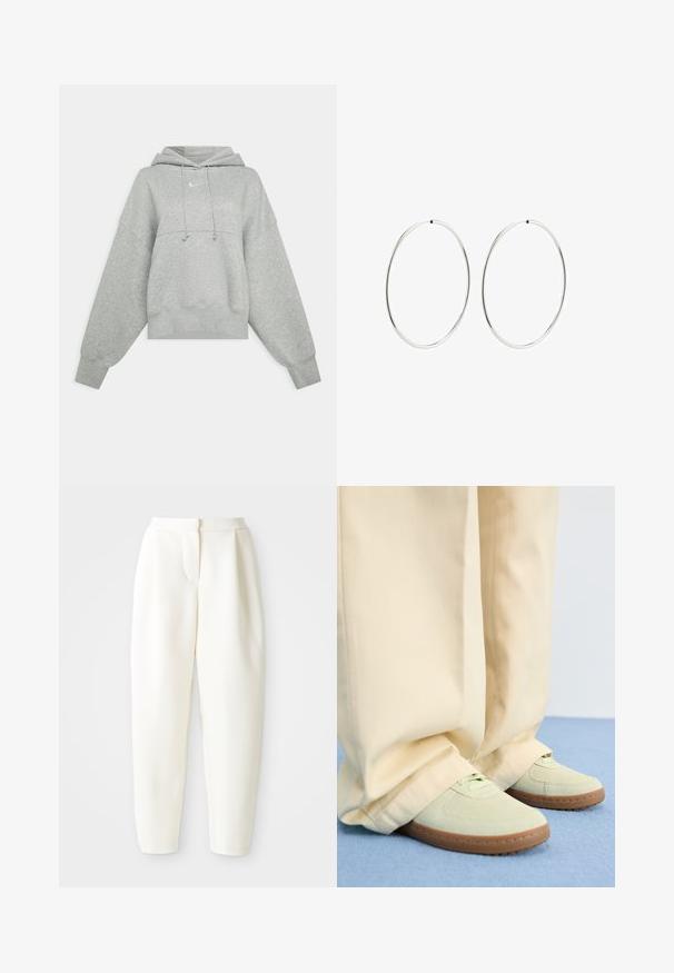 Pelēks īsais kapuce, izgatavots no mīkstas auduma. Īpatnības ietver regulējamu virvi kapucei, plašas piedurknes un mazu logotipu uz priekšpuses.; Augstas jostas līnijas, sašaurināti balti bikses ar slēptu priekšējo aizdari un sānu kabatām, attēloti uz vienkrāsaina balta fona.; Zaļi zamšādas sporta apavi ar noapaļotiem purngaliem un teksturētām zolēm, savienoti ar platiem bēšiem biksēm, uz zila fona.; Sudraba riņķa auskari ar gludu, apaļu dizainu un pulētu apdari. Tie ir plāni un viegli, ar vienkāršu aizdari.