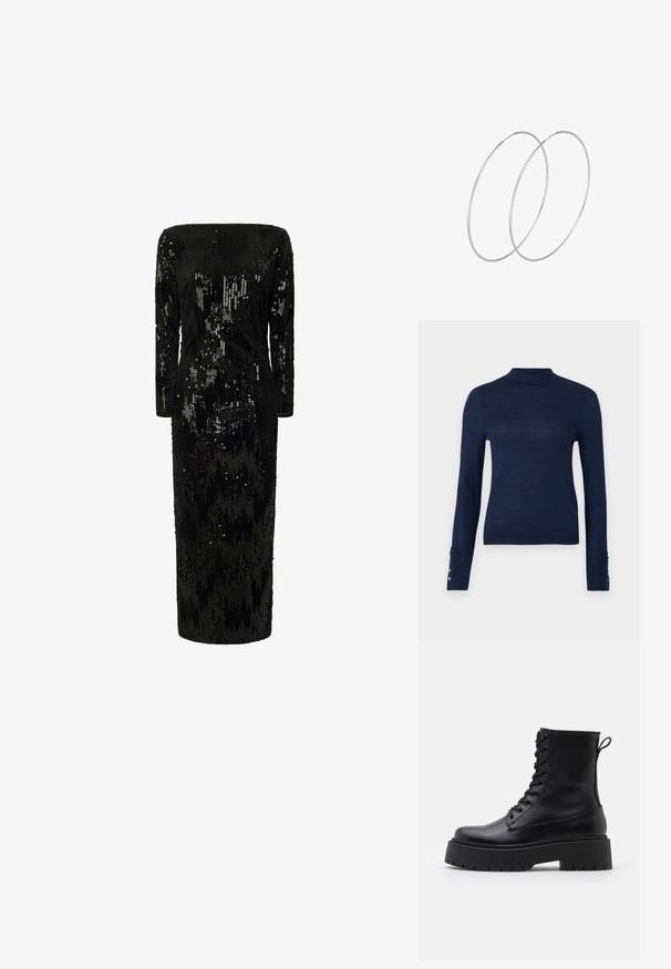 Tumedat sinise värvusega pikad varrukad särk, millel on kõrge kaelus ja nööbid mansettide peal, valmistatud tekstuursest, kerge kangast.; Must mustriga kaunistatud kleit pikkade varrukatega, õlavarrelt avatud kaelus ja sirge siluett; omadused tekstuuriga, särav pind.; Mustad mustad nahast pahkluu saapad ümarate varvastega, nööridega esiosas ja paksu kummist talla ning tekstuuritud mustriga. Tagumine tõmbeaas.; Hõbedane metallikoti kott pehme, ümar kuju ja sõlme ülemise sulgemisega. Valmistatud siledast kunstnahast materjalist.; Hõbedased rõngastikkaehingad minimalistlikus disainis. Ümar kuju, sile tekstuur ja õhuke profiil. Kerged ning poleeritud viimistlusega.