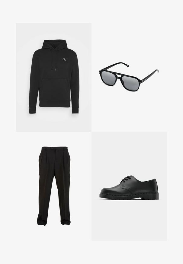 Svart hoodie med en känguruficka, snörningar och en liten vit "ck"-logotyp på bröstet. Tillverkad av mjukt, strukturerat tyg.; Svarta byxor i en slät tygkvalitet, med framfickor, en knapp i midjan och avsmalnande ankleder. Klassisk skräddarsydd silhuett.; Svart lädersko i oxford-stil med snörningsdesign, rund tå, platt gummisula och subtila sömdetaljer längs ovandelen.; Svarta solglasögon med rektangulära bågar, gråtonade linser och en design med urtag i näsbryggan. Slank, glänsande plastmaterial, med smala skalmar.