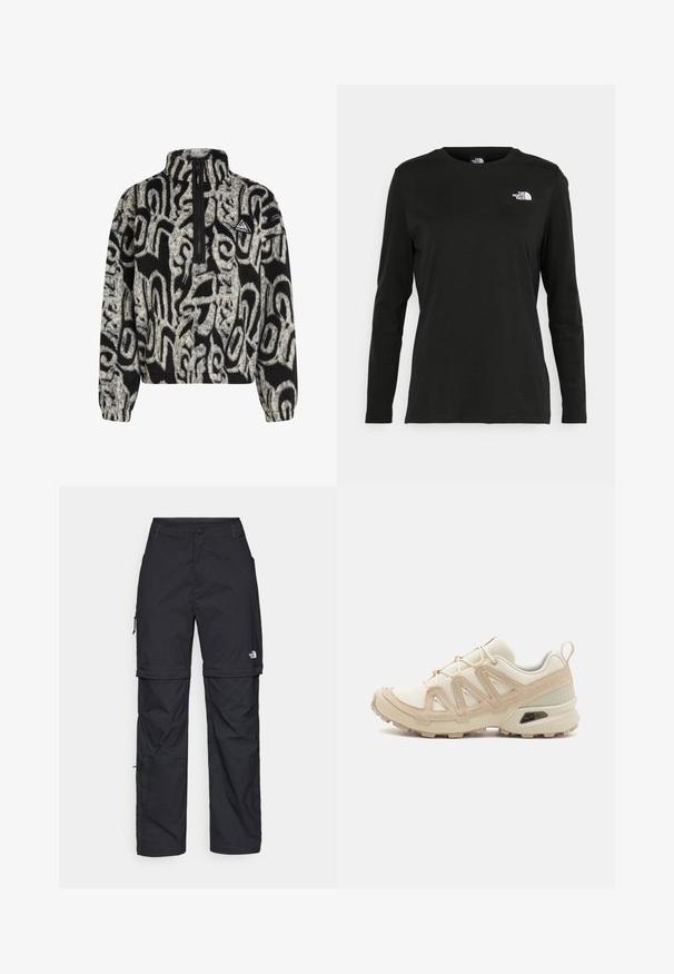 Pullover in pile bianco e nero con motivo a fantasia, dotato di zip a quarto e patch triangolare con logo O'Neill sul petto.; T-shirt nera a maniche lunghe in cotone con colletto rotondo. Presenta un piccolo logo bianco sul lato sinistro del petto. Design semplice e vestibilità comoda.; Pantaloni cargo in nylon nero con zip rimovibile, polsini regolabili, molteplici tasche e un logo sulla gamba destra. Tessuto liscio e leggero.; Scarpa atletica beige e crema con tomaia in mesh testurizzato, sovrapposizioni supportive e suola in gomma con un motivo a tasselli per la trazione.