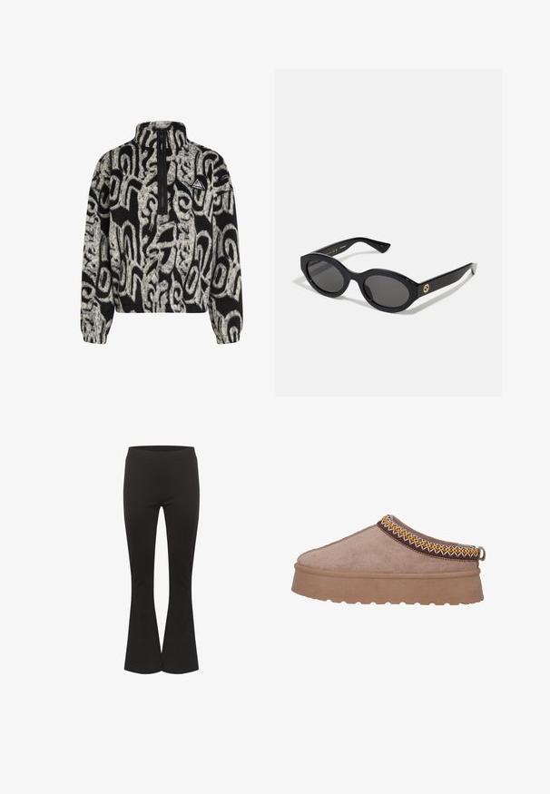 Zwart-wit gemarmerde fleece pullover met een kwart ritssluiting en een driehoekige O'Neill-logo patch op de borst.; Zwarte flared broeken met een aansluitende taille en een zachte stof, rechtopstaand tegen een witte achtergrond.; Bruine suède instap schoen met een dikke, gestructureerde zool, die intrigerende gele en bruine borduursels langs de bovenrand vertoont.; Zwarte ovale zonnebril met donkere glazen en een glanzend kunststof frame. Heeft een gouden logo op de poot, dat een strakke en moderne uitstraling biedt.
