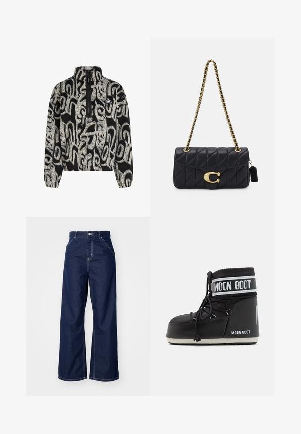 Schwarz-weiß gemusterter Fleece-Pullover mit Viertelreißverschluss und einem dreieckigen O'Neill-Logo-Patch auf der Brust.; Weite Jeans aus dunkelblauem Denim mit hoher Taille, kontrastierender weißer Naht und klassischem Fünf-Taschen-Design.; Schwarze Moon Boot mit gepolstertem Schaft, der mit Schnürsenkeln gesichert ist, und einem auffälligen weißen Band mit dem Logo. Dicke, strukturierte Gummisohle.; Schwarze gesteppte Handtasche mit einem goldenen Kettenriemen, die einen auffälligen goldenen Verschluss und ein kleines Etikett aufweist, das eine strukturierte Lederoberfläche zeigt.