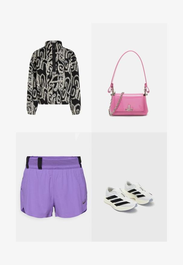 Pullover in pile bianco e nero con motivo a fantasia, dotato di zip a quarto e patch triangolare con logo O'Neill sul petto.; ASICS METARUN SPLIT SHORT - Pantaloncini sportivi - edo purple; Scarpe sportive bianche con strisce e marchio neri, dotate di tomaia in rete, punta arrotondata e suola spessa di color crema per un'ammortizzazione ottimale.; Borsa a mano in pelle verniciata rosa con forma rettangolare, tracolla a catena removibile e dettaglio in hardware argentato sul davanti.
