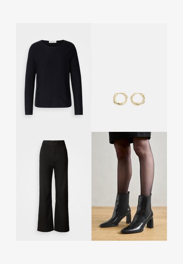 Námornícky modré tričko s dlhým rukávom vyrobené z mäkkej tkaniny s okrúhlym výstrihom a minimalistickým dizajnom. Má klasický strih a bezšvové ramenné švy.; Čierne široké nohavice s hladkou textúrou, vysokým pásom a jednoduchým dizajnom. Žiadne viditeľné vrecká ani ozdoby.; Čierne kožené členkové topánky s špicatou špičkou, robustný štvorcový opätok a elegantný dizajn. Obsahujú elastické bočné panely pre jednoduché obúvanie.; Zlaté kruhové náušnice s textúrovaným, nepravidelným tvarom. Majú bezšvové uzatváranie a lesklý povrch, čo podčiarkuje moderný dizajn.